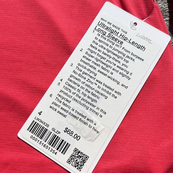 Lululemon Ultralight Hip-Length Long-Sleeve Shirt glazed pink size 4 NWT - Picture 3 of 6